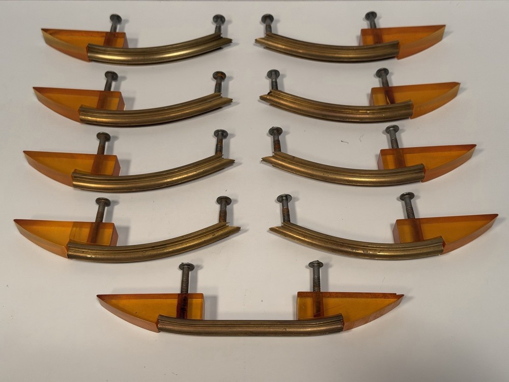 Set of 9 Art Deco Bakelite & Brass Drawer Pulls / Handles.