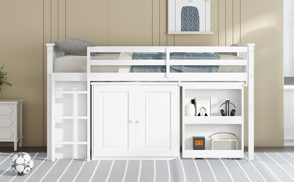 Twin Loft Bed With Storage Cabinet/Drawer/Shelf Cabinet/Pulling-Out Desk White