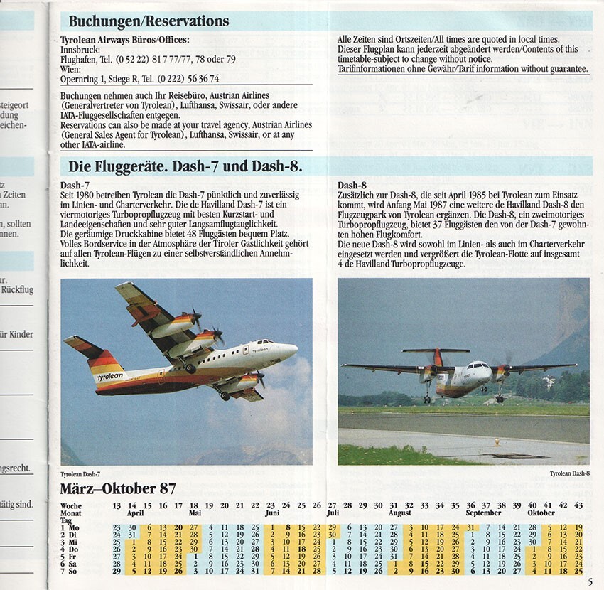 Tyrolean Airways timetable 1987/03/29