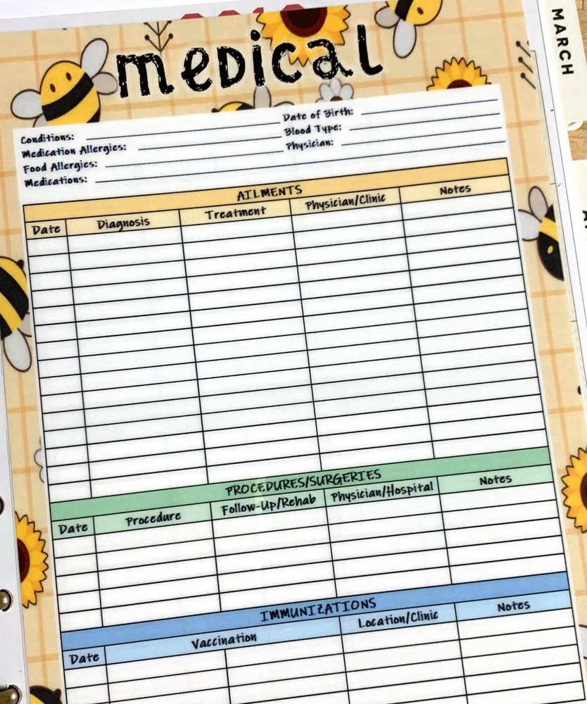 Medical History Tracker Two Sided Dashboard Insert for use with Happy Planner