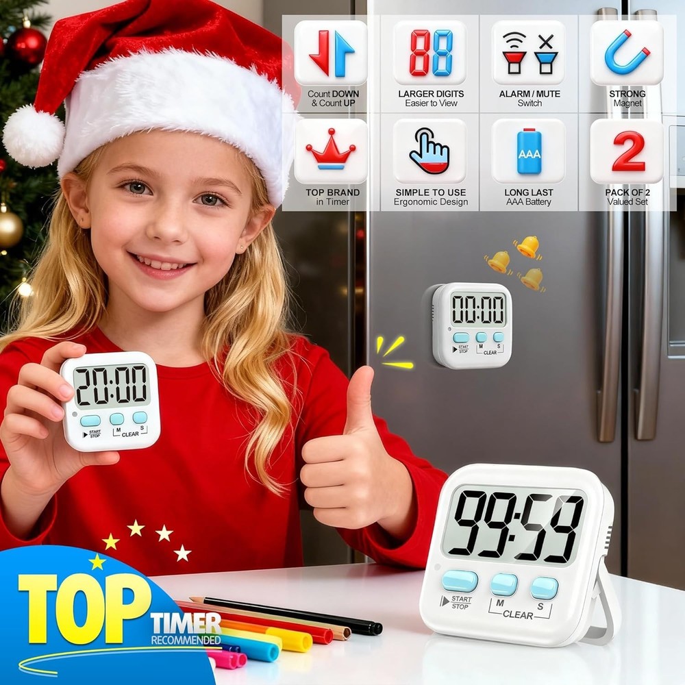 2 Pack Digital Kitchen Timers Loud/ Silent Countdown Egg Kids Classroom