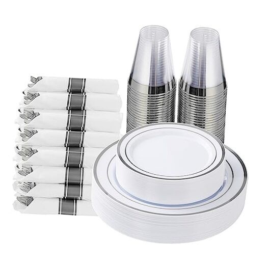 175 Piece Plastic Dinnerware Set for 25 Guests, Silver 175 Piece (25 guests)