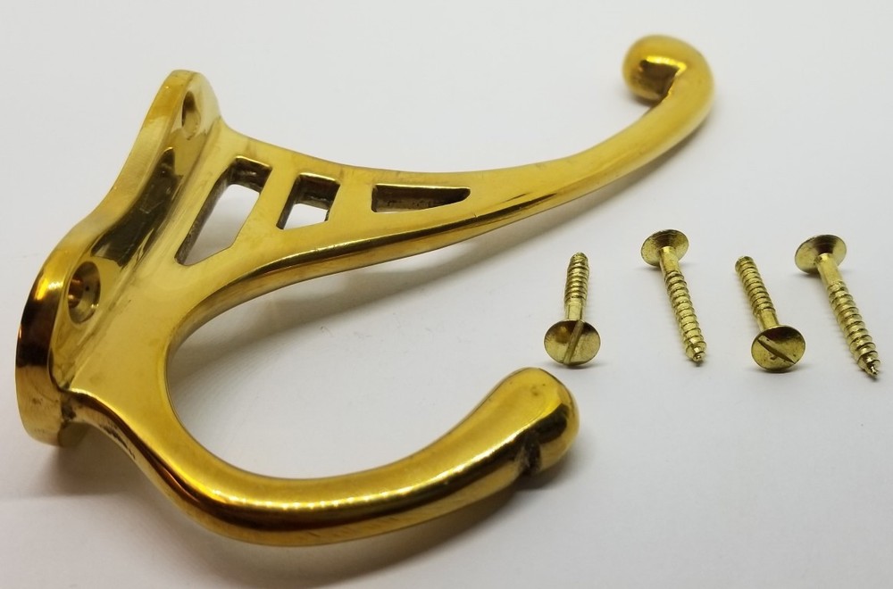 LARGE 5" Plain CAST BRASS Front Mount Coat Hook double rack hat jacket fancy old
