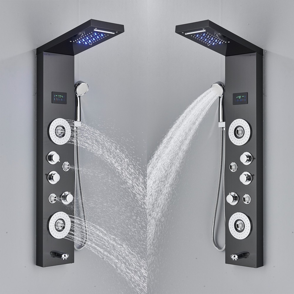 Matte Black LED Rainfall Waterfall Shower Panel Tower System Back Massage Jets