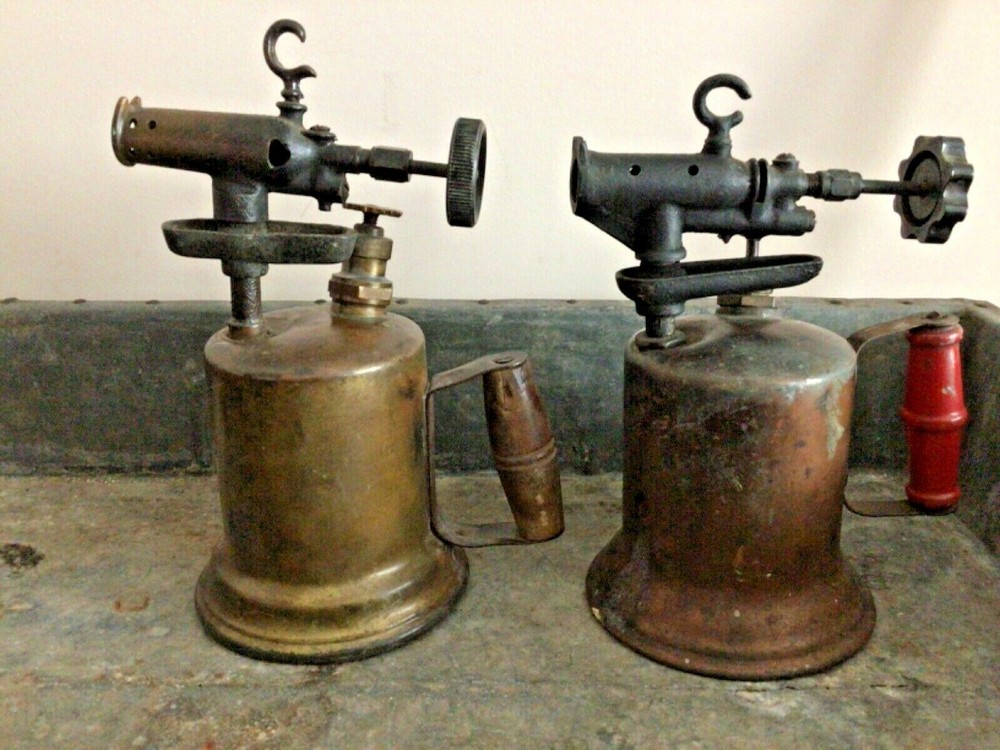 (2) Vintage Brass Blow Torches, Wood Handles, untested