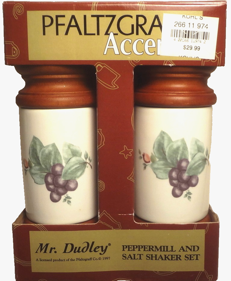 NIB PFALTZGRAFF GRAPEVINE accent MR. DUDLEY PEPPERMILL & SALT SHAKER SET- NICE!