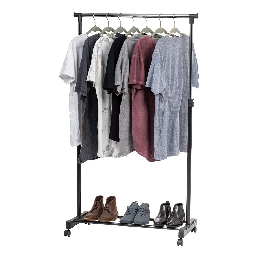 IRIS USA Portable Single-Rod Height Adjustable Clothes Rack with Wheels Garment