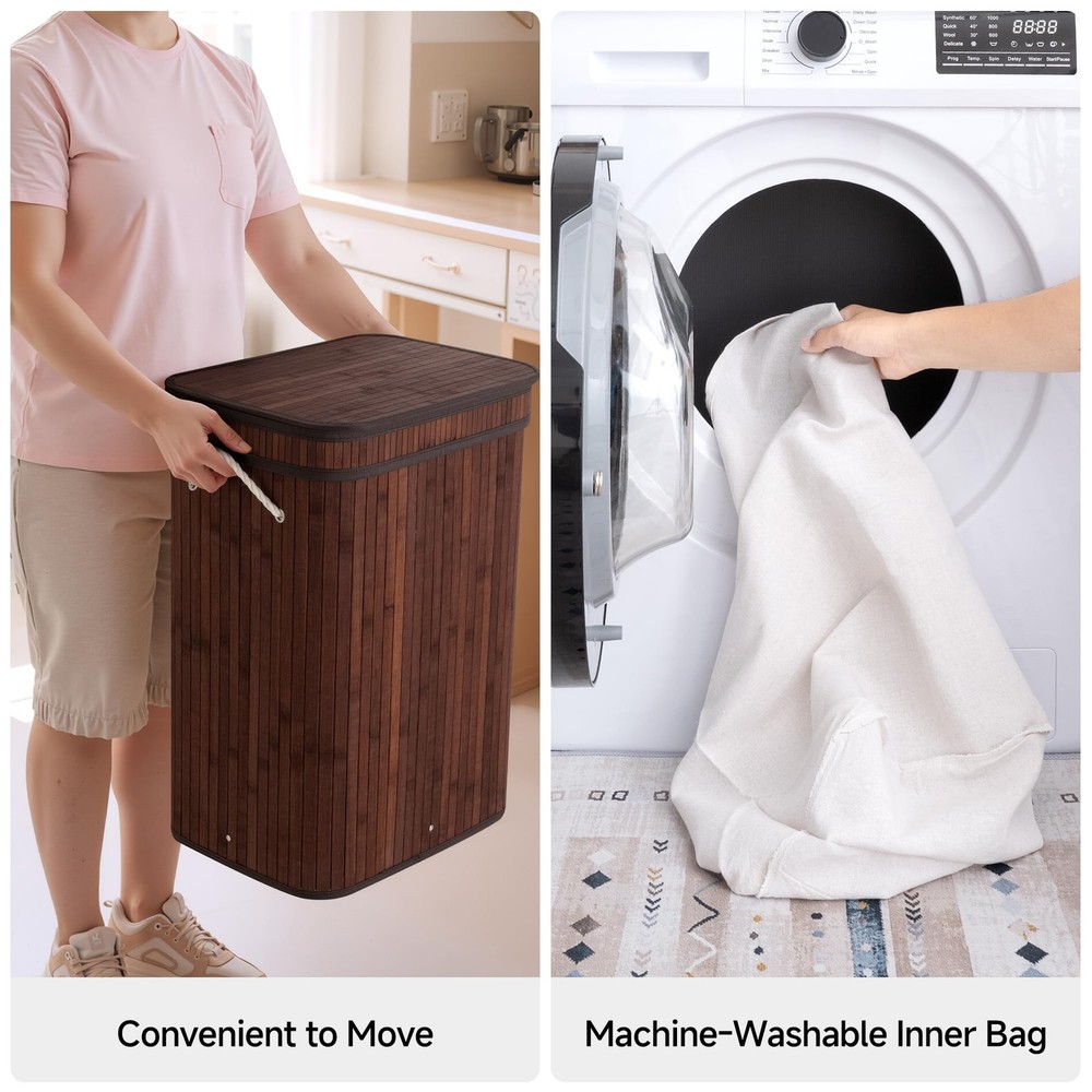 Laundry Hamper with Lid, Foldable Bamboo Laundry Basket, Clothes Hamper with ...