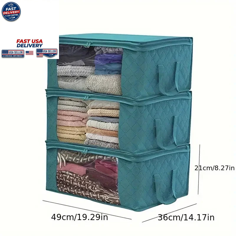 3Pc Large Foldable Clothes Blanket Storage Bag Bedroom Closet Organizer Grey