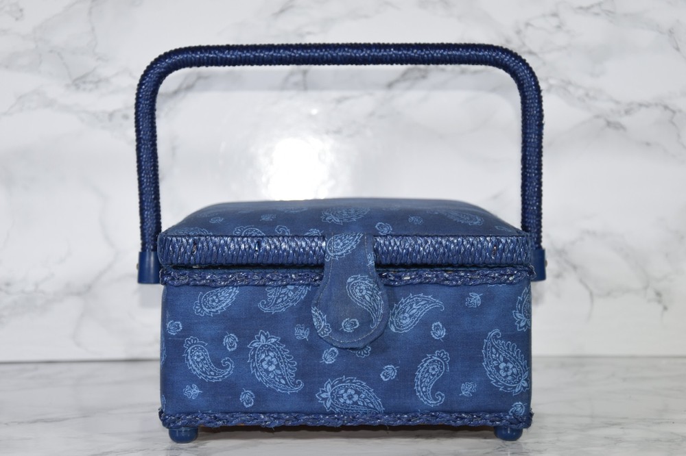 Sewing Box Wicker Wood & Blue Paisley Pattern Fabric Covered Small