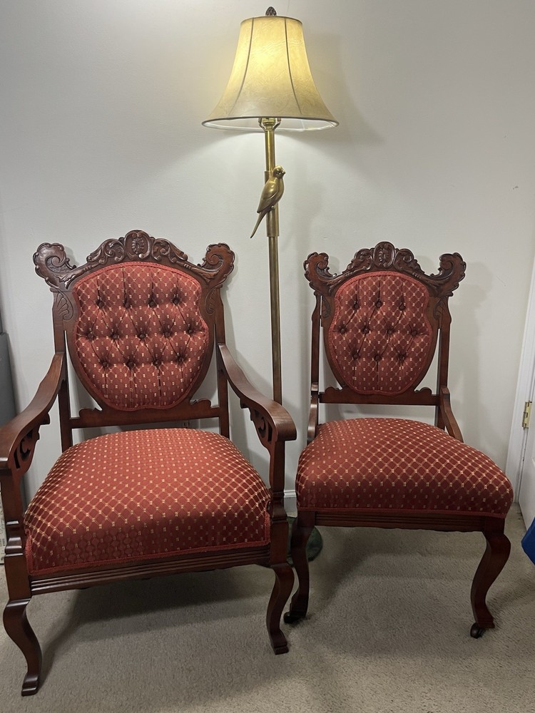 Antique Victorian Parlor Set -Solid Hand Carved Mahogany - His/Hers Thrones!