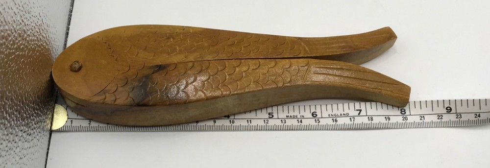 VTG Hand Carved Solid Wood Fish Shape Double Nut Cracker 8" Decorative Textured