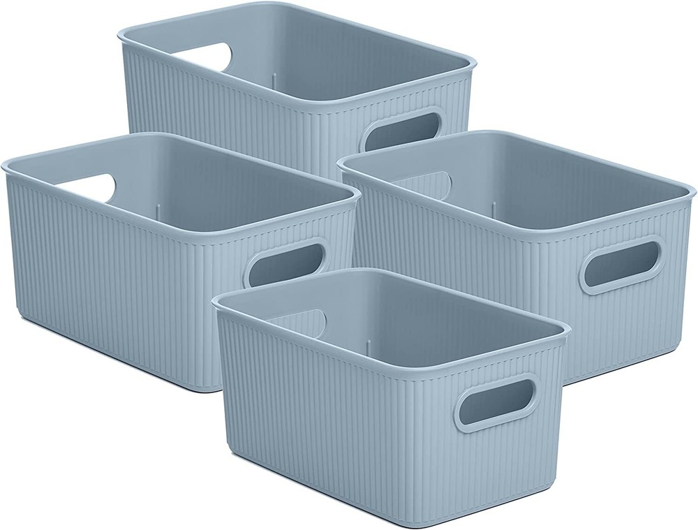 Superio 5L Small Ribbed Storage Bin- Plastic Storage Bin (4 Pack, Stone Blue)