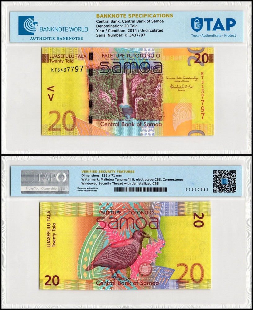 Samoa 20 Tala, 2014 ND, P-40b, UNC, TAP Authenticated