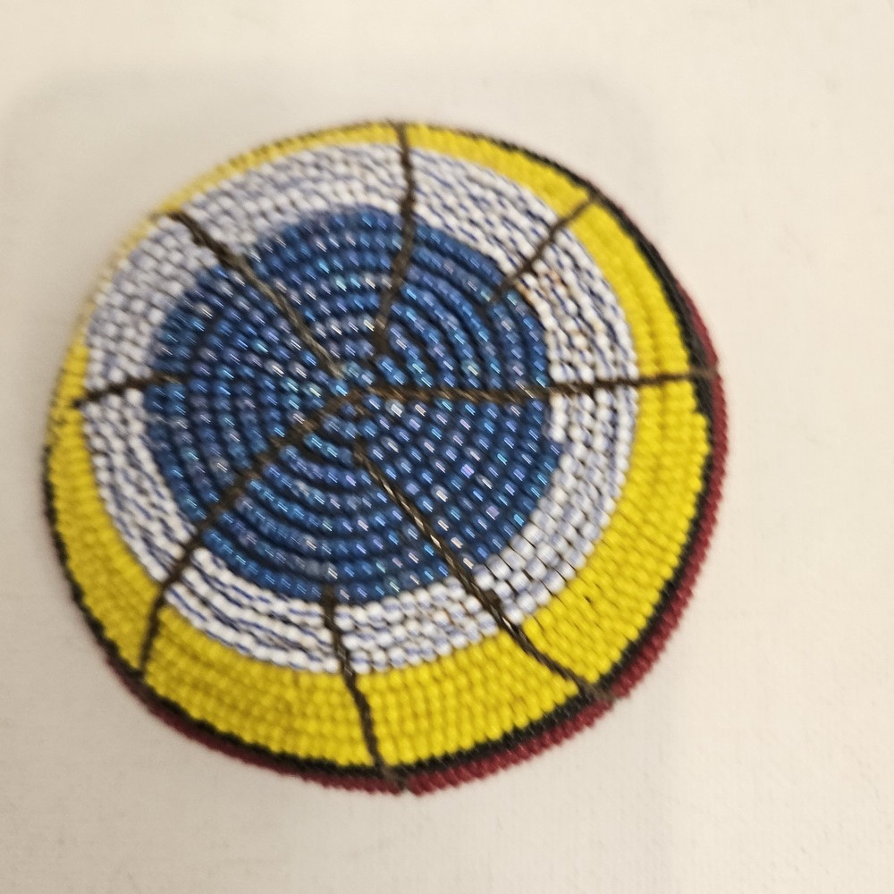 Handmade Woven Basket Multi-Colored Threaded Pattern -3 1/4" Across, 1" Depth