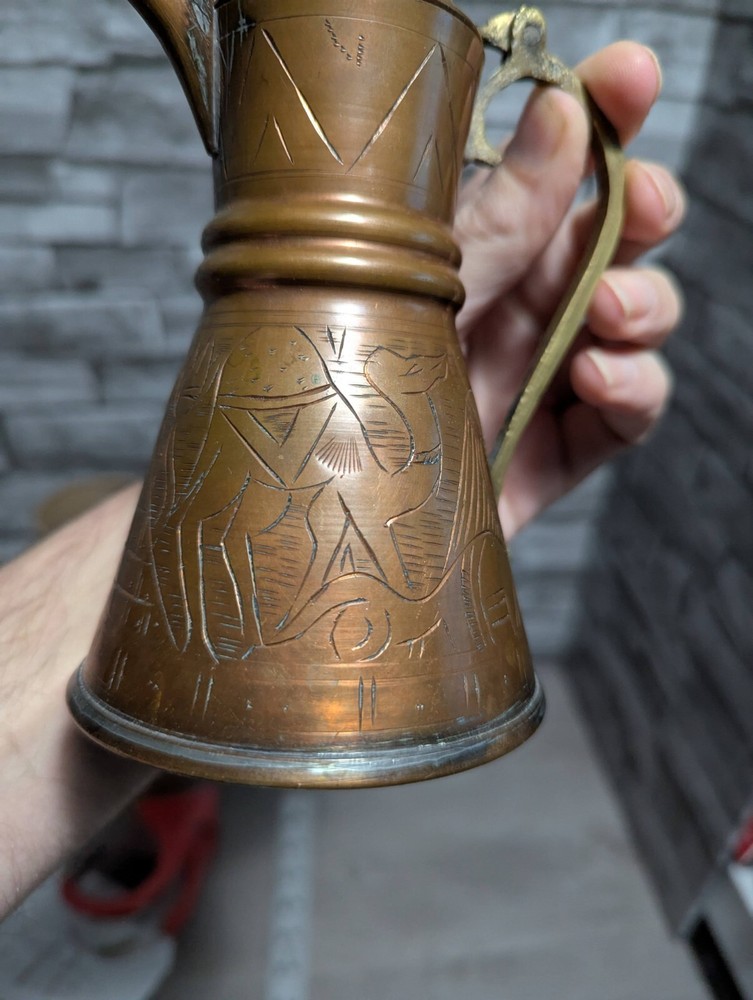 Vtg 6" Dallah Coffee Pot Etched Pyramids Sphinx Brass Copper Tea Egypt Pitcher