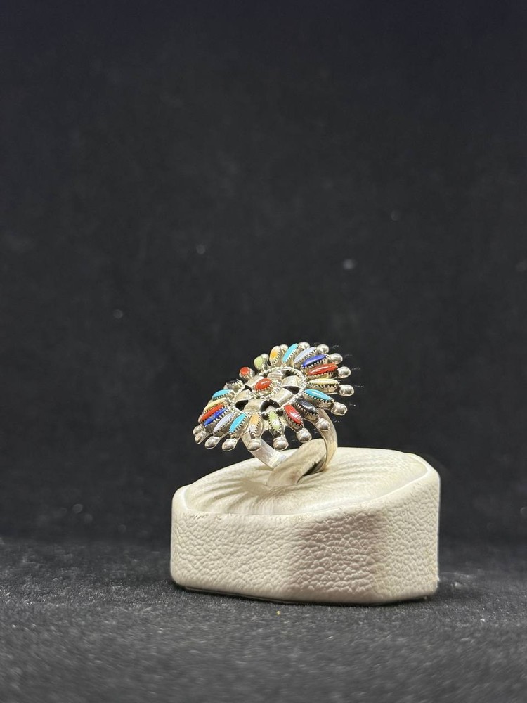 Native Zuni needlepoint multi color turquoise Sterling Silver Ring Size 8.5