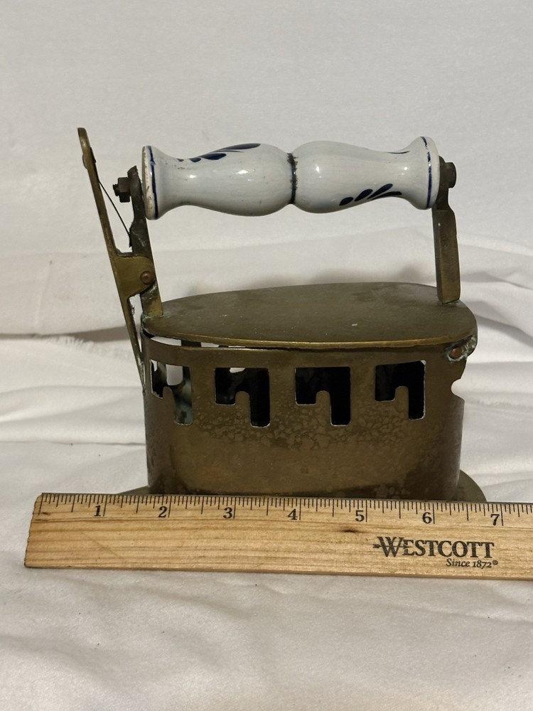 Antique Solid Brass Coal Iron Pottery Handle Dutch Delft White And Blue Handle