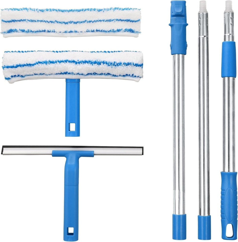 57" Window Cleaner Squeegee & Microfiber Scrubber Long Handle Glass Washer Tool