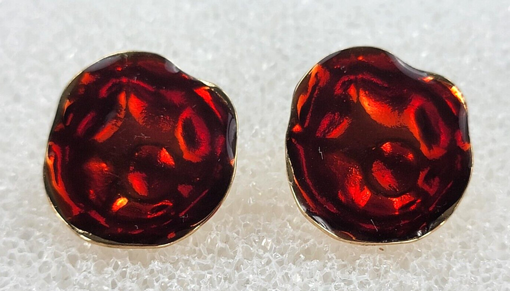 Gold Tone Organic Red Enamel-Style Stud Earrings 30mm Irregular Disc