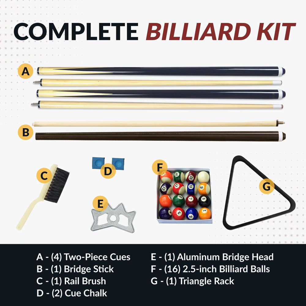 Pool Table Billiard Accessory Kit with Cues, Rack, Chalk, Brush