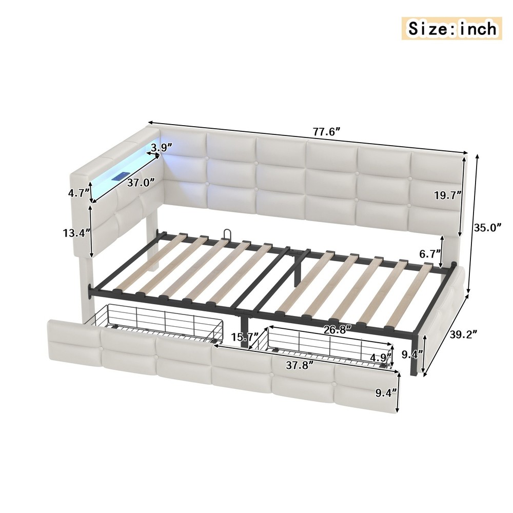 Twin Size Daybed Upholstered Bed Frame Sofa Bed w/ LED Lights & Drawers