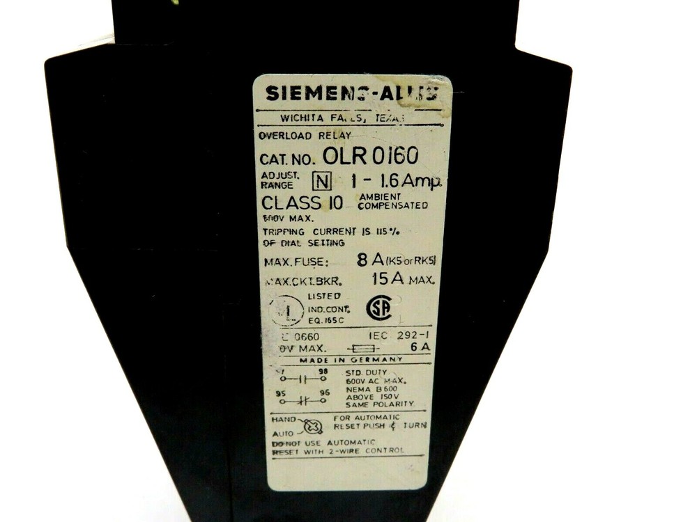 USED SIEMENS OLR0160 OVERLOAD RELAY