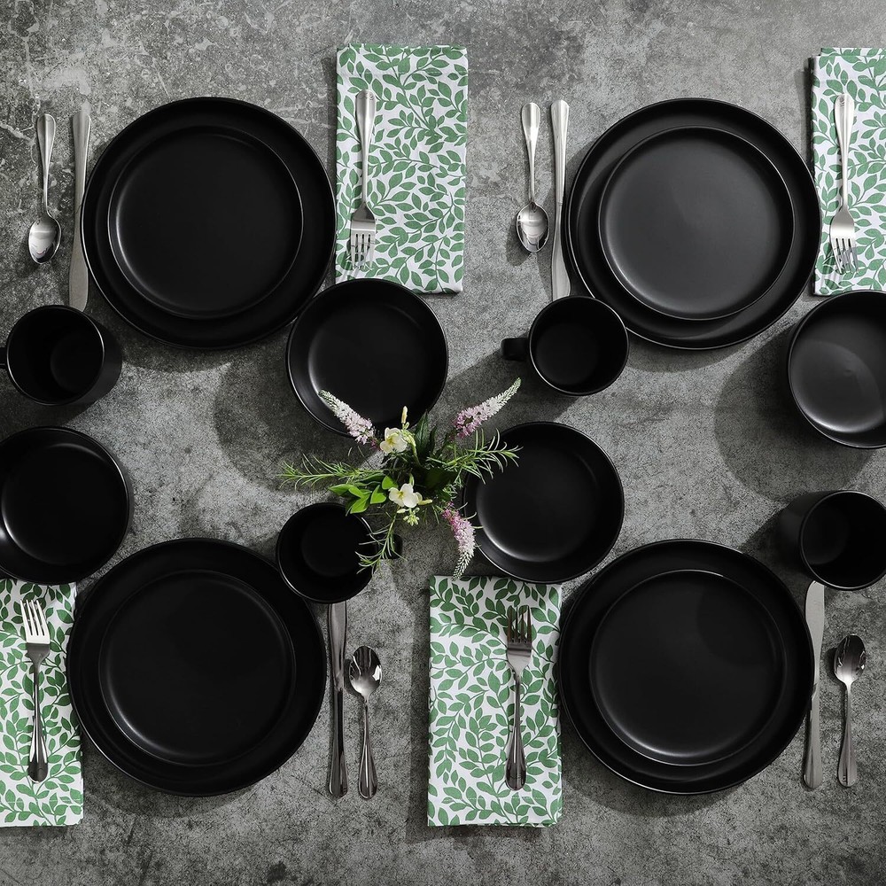 Stoneware Plates,Bowls&Mugs Dinnerware Set-Matte Black, Service for Four (16pcs)