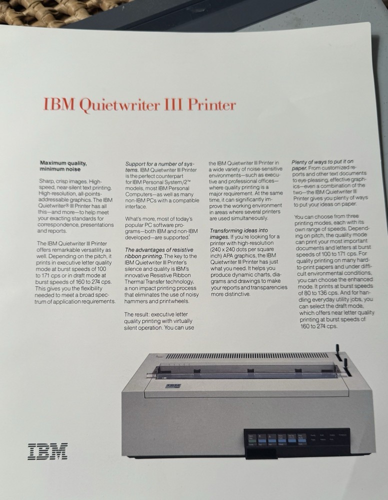 VINTAGE 1987 IBM QUIETWRITER III PRINTER SPEC SHEET COMPUTERS 29