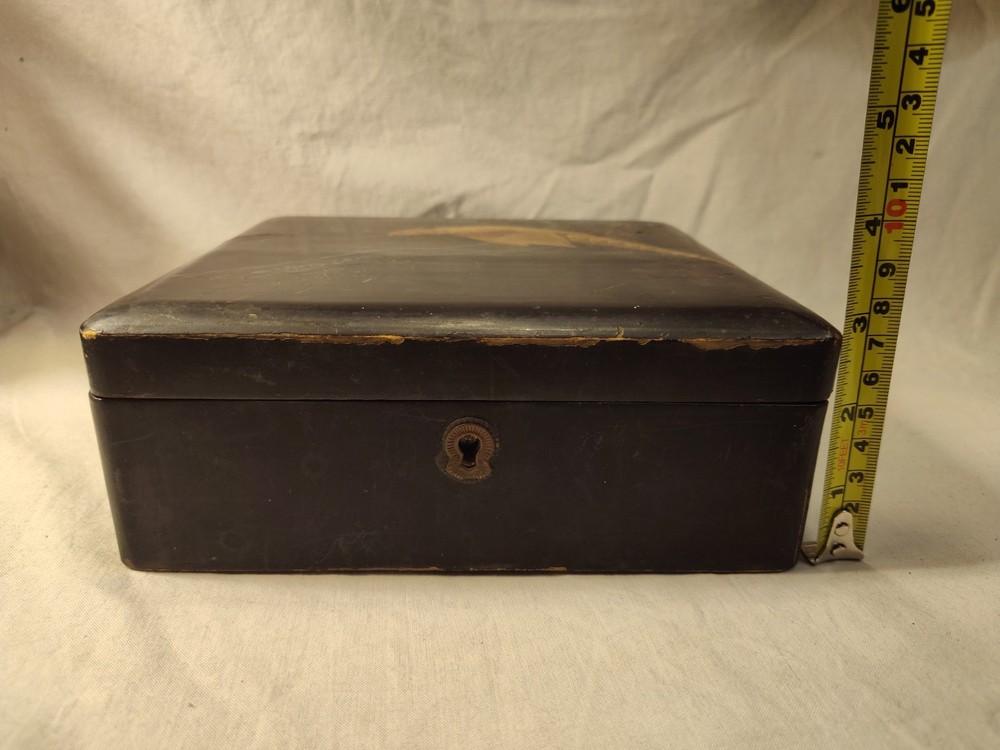 Antique Boho Shabby Chic Black Lacquer Japanese Box Pheasant Bird