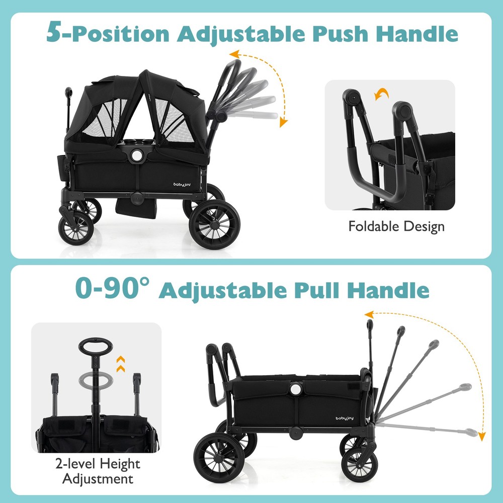 Wagon Stroller for 2 Kids Push Pull Double Stroller w/ Adjustable Handle
