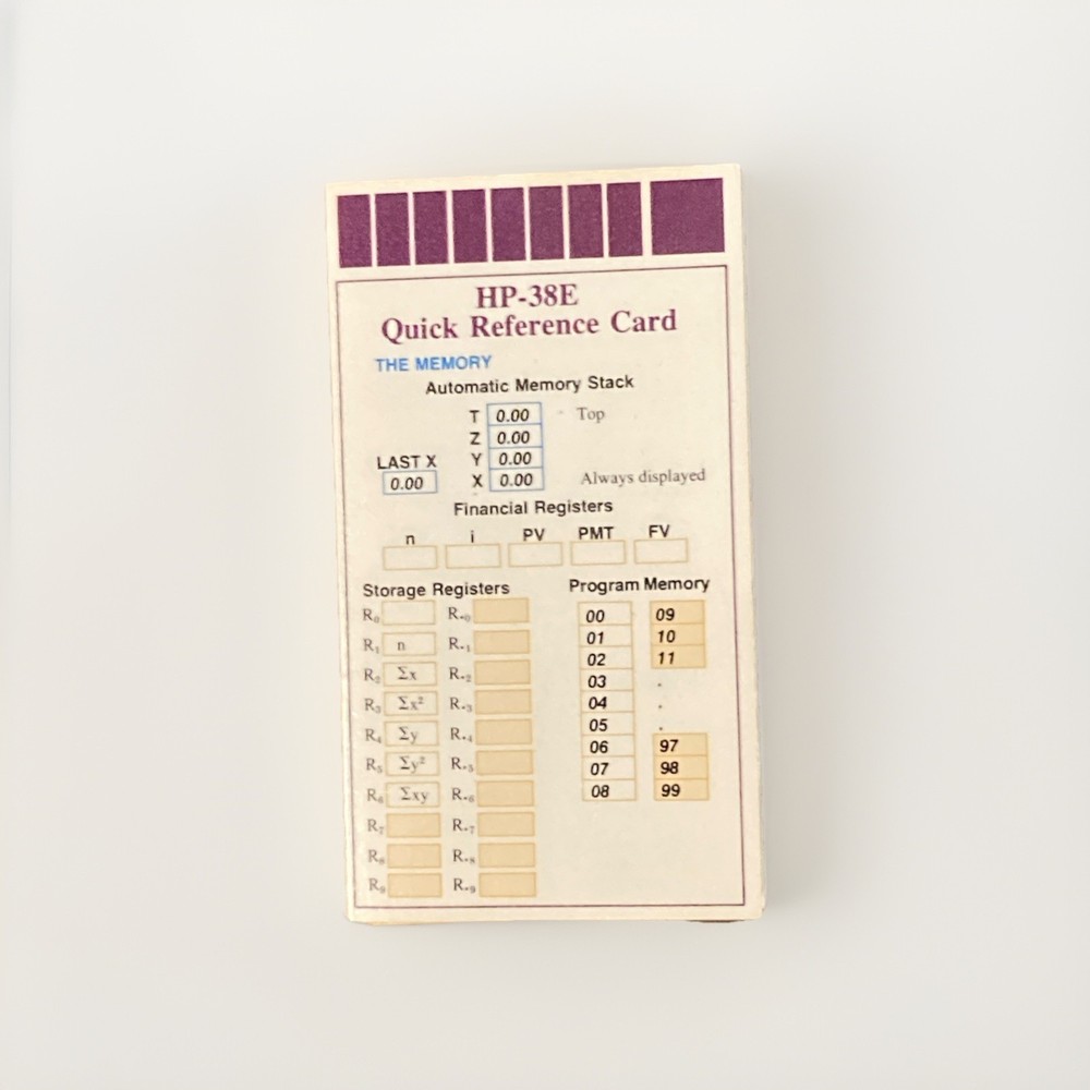 Quick Reference Card For Hewlett Packard HP 38E Calculator