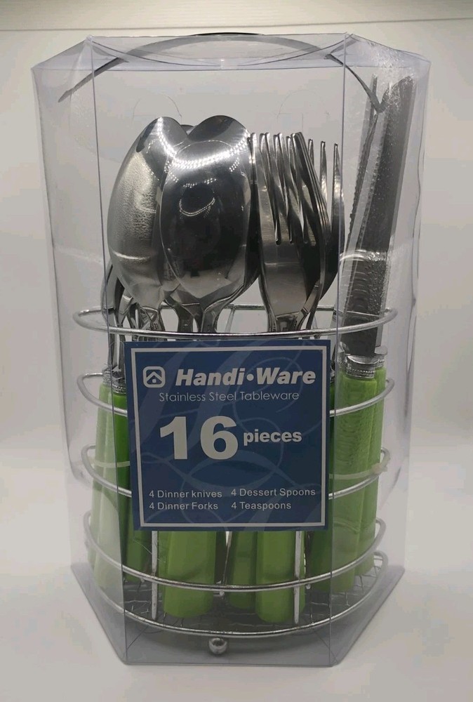 16pc Stainless Steel Flatware Set Green Plastic Handle READ