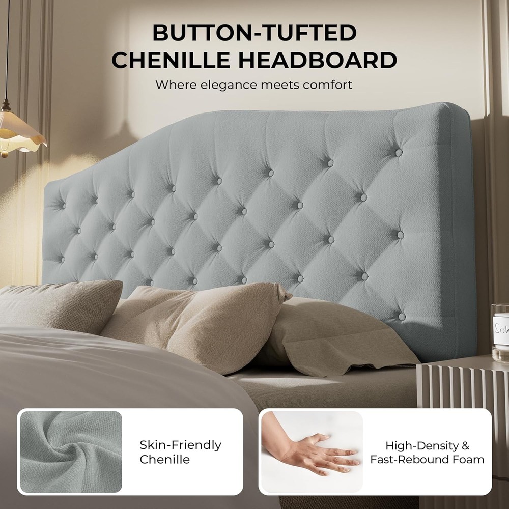 Modern Grey King Size Upholstered Headboard, Button-Tufted Design