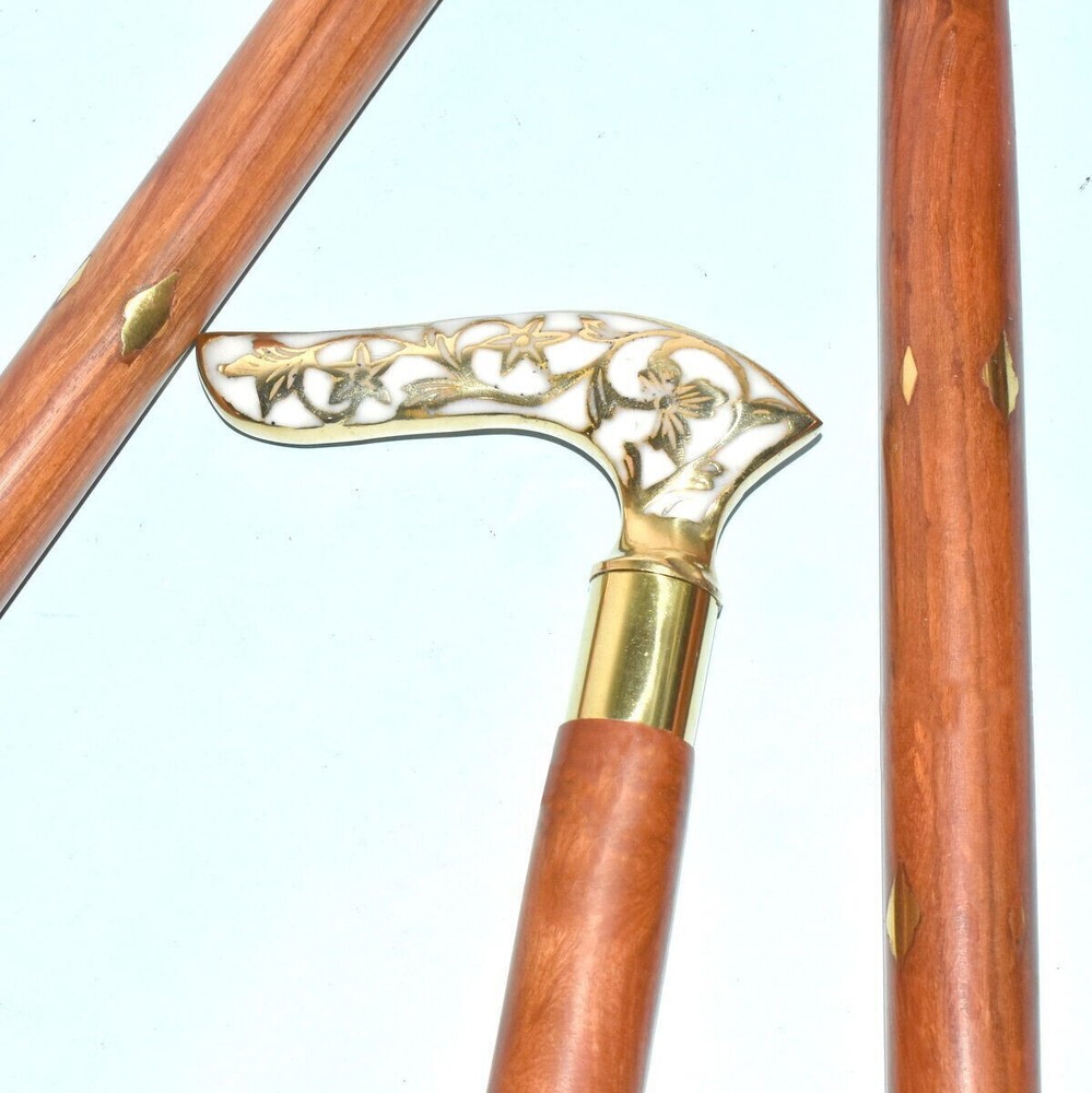 Victorian designer brass head handle working brown vintage walking stick