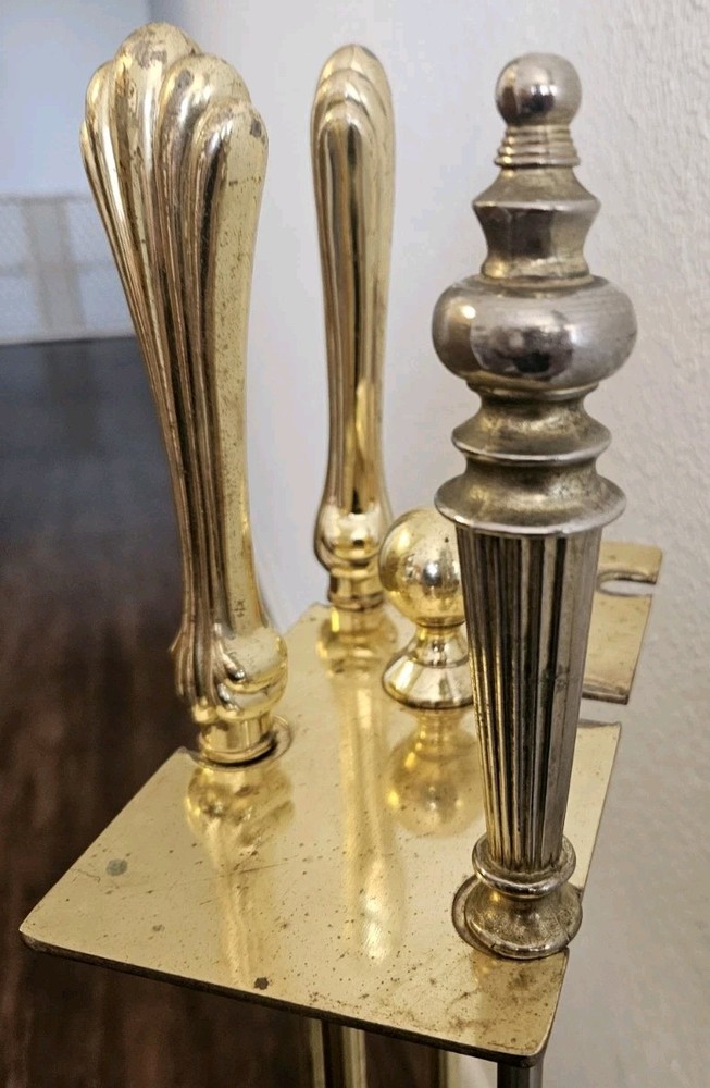 Vintage S.M.I. Solid Brass Fireplace Tool Set | Heavy Shell Nautical 29" | MCM