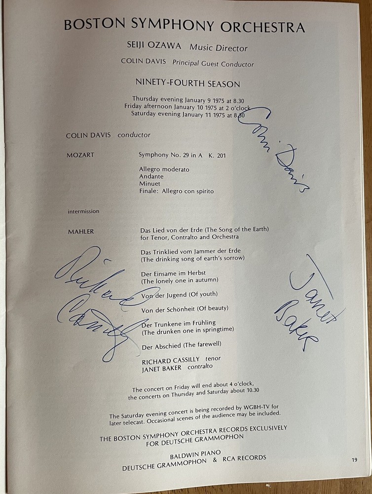 Boston Symphony Orchestra Autographed Program by Colin Davis, Baker & Cassilly