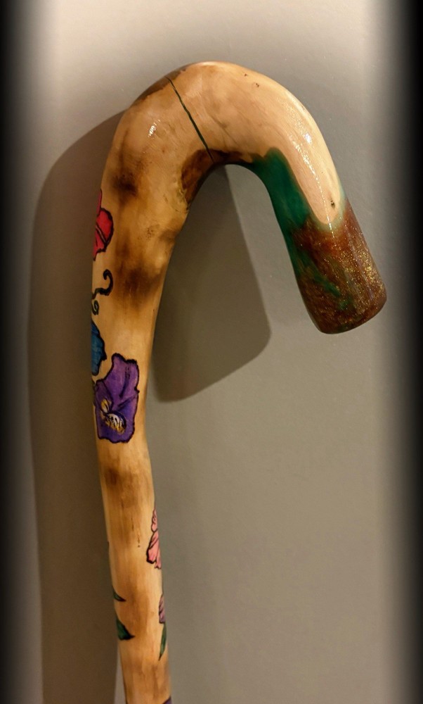 41” Walking CANE With Morning Glory Pyrography Handmade & Finished 🇺🇸
