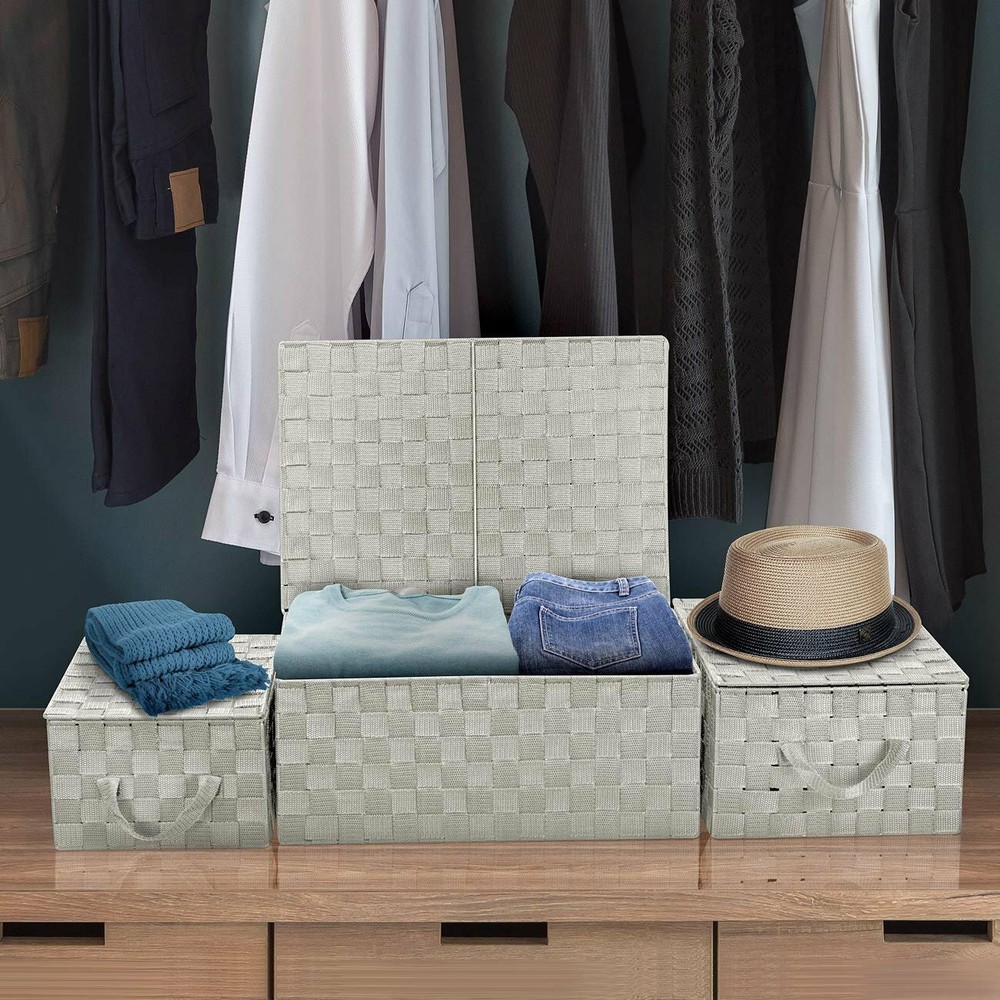Storage Box Woven Lid Basket Bin Container Tote Cube Stackable Organizer Set