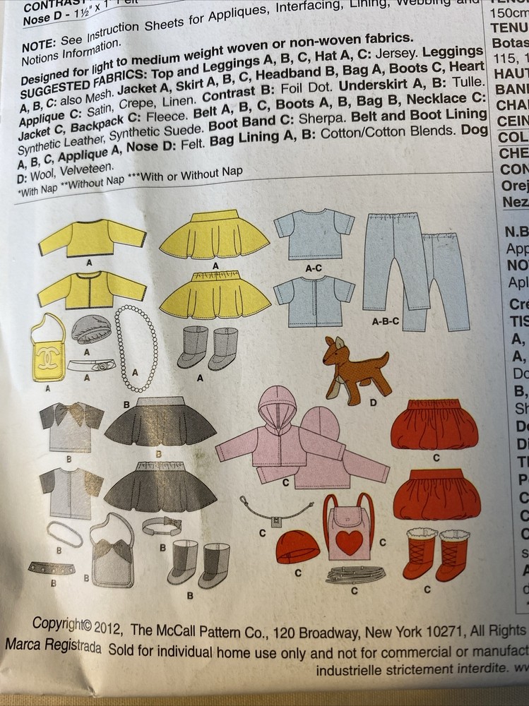 18” Doll Clothes & Accessories Sewing Pattern McCall’s MP327