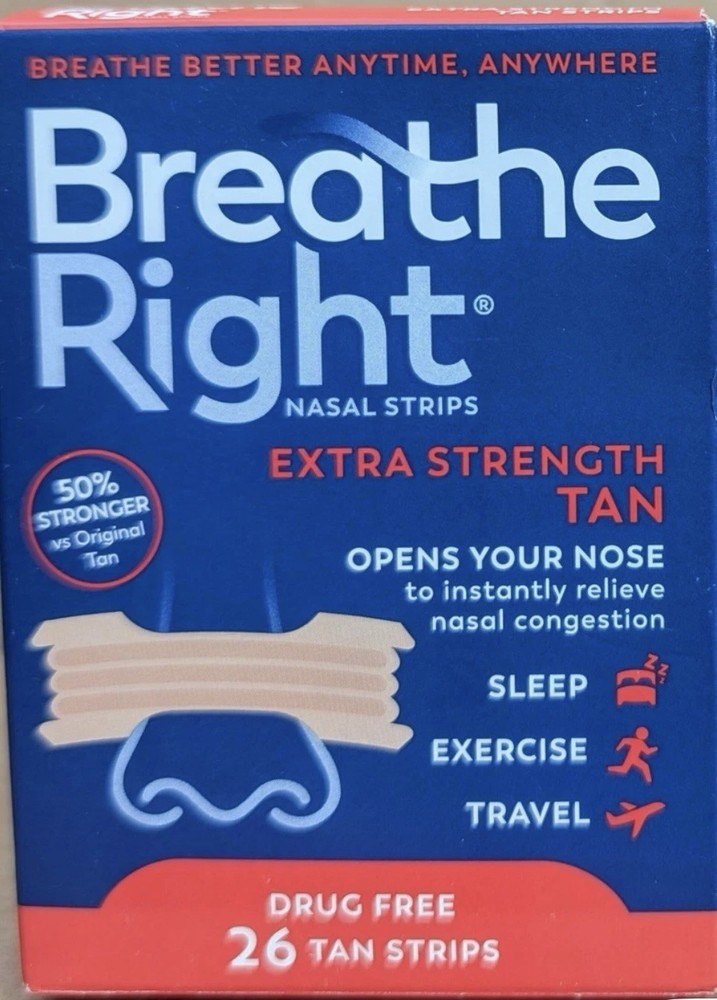 Breathe Right Nasal Strips Extra Strength Tan 26pc Stop Snoring Sleep Exercise