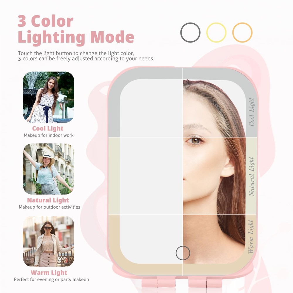 Travel Makeup Mirror, Portable Mirror with 3 Adjustable Light Settings, USBRe...
