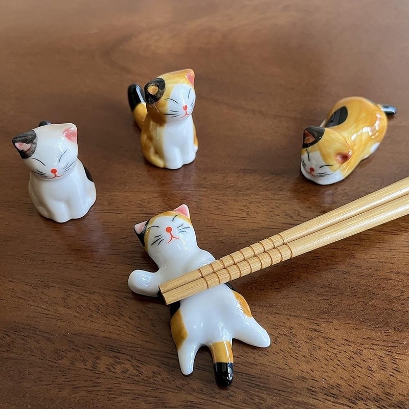 Cute Cat Ceramic Chopstick Holder Set Home Kitchen Tableware Gift 6pcs New