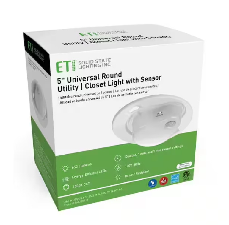 5 In. Motion Sensing Utility Closet Light LED Flush Mount 650 Lumens 7W Bright W