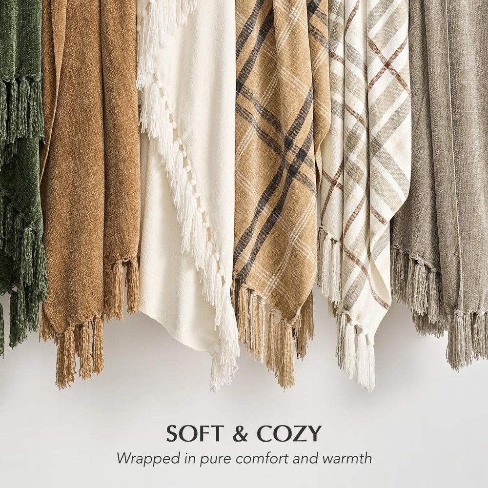 EverGrace Plaid Chenille Throw Blanket for 50"x60", Beige & White