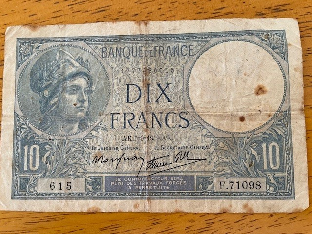 1939 10 FRENCH FRANCS BANKNOTE
