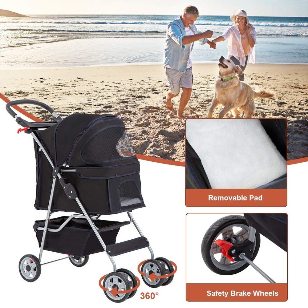 Pet Stroller Cat Dog Cage Stroller Travel Folding Carrier,Black