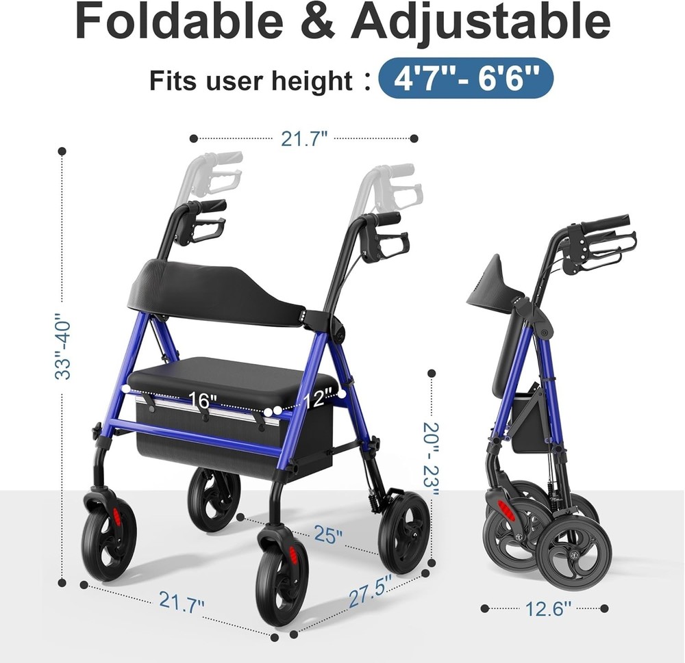 foldable rollator walker with seat, 8" wheels, adjustable height 350 lb capacity