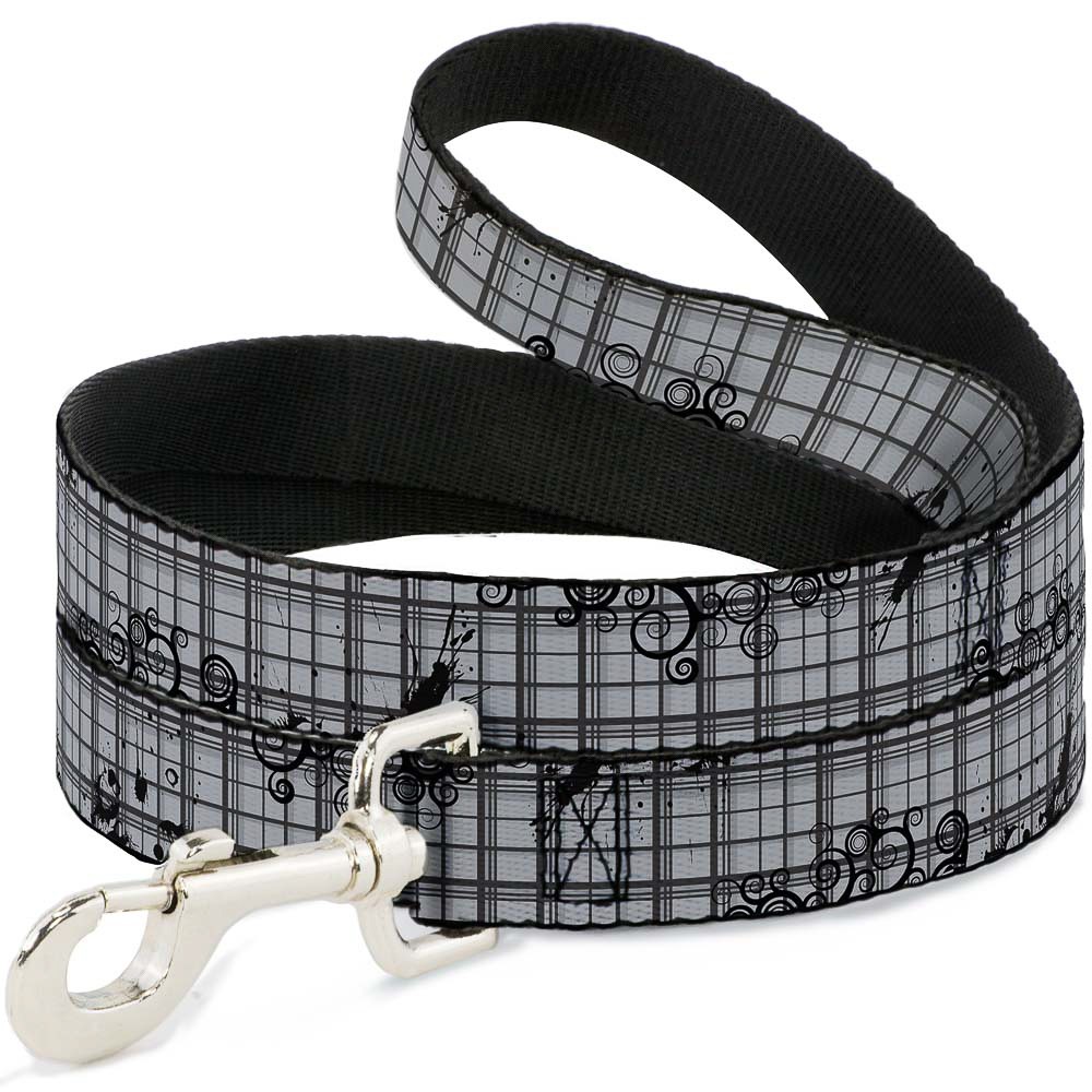 Dog Leash Plaid Curls Gray NARROW 0.5"