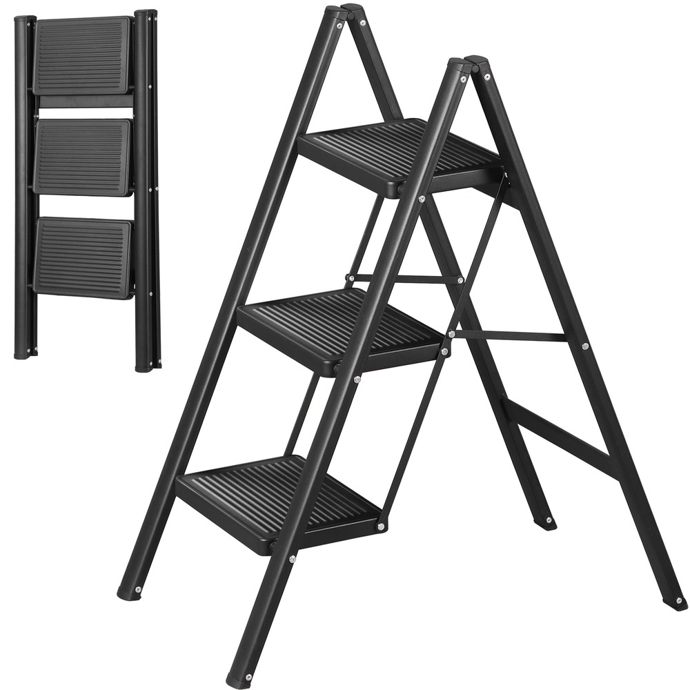 Small Step Three Step Ladder Sturdy Steel Alloy Construction 330 Lbs Black